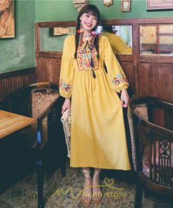 マキシ | ワンピース ロングワンピ パーティー お呼ばれ デート ゆったり 女子会 食事会 白 赤 黄色 青 Aライン 長袖 エスニック風 2022年夏秋新作 刺繍 Vネック 綿麻