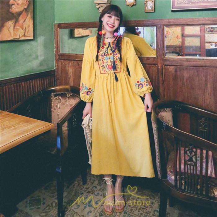 マキシ | ワンピース ロングワンピ パーティー お呼ばれ デート ゆったり 女子会 食事会 白 赤 黄色 青 Aライン 長袖 エスニック風 2022年夏秋新作 刺繍 Vネック 綿麻