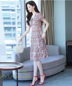 ミディアム | ワンピース レディース Aライン カジュアル Vネック サマー 半袖 ひざ丈 ミディアムワンピース 大きいサイズ 上品 花柄 着痩せ サマーワンピース 夏服