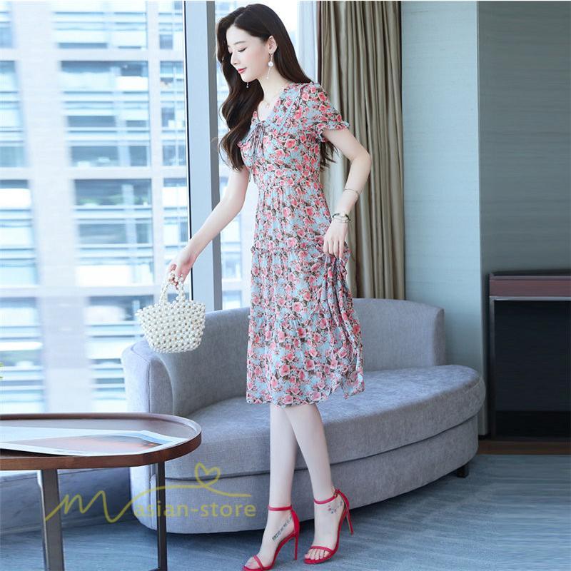 ミディアム | ワンピース レディース Aライン カジュアル Vネック サマー 半袖 ひざ丈 ミディアムワンピース 大きいサイズ 上品 花柄 着痩せ サマーワンピース 夏服