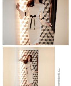 タイト | ワンピース タイトワンピース 結婚式 パーティードレス ミディアム 膝丈 袖あり 二次会 お呼ばれ 上品 演奏会 リボンつき ワンピ オフィス きれいめ