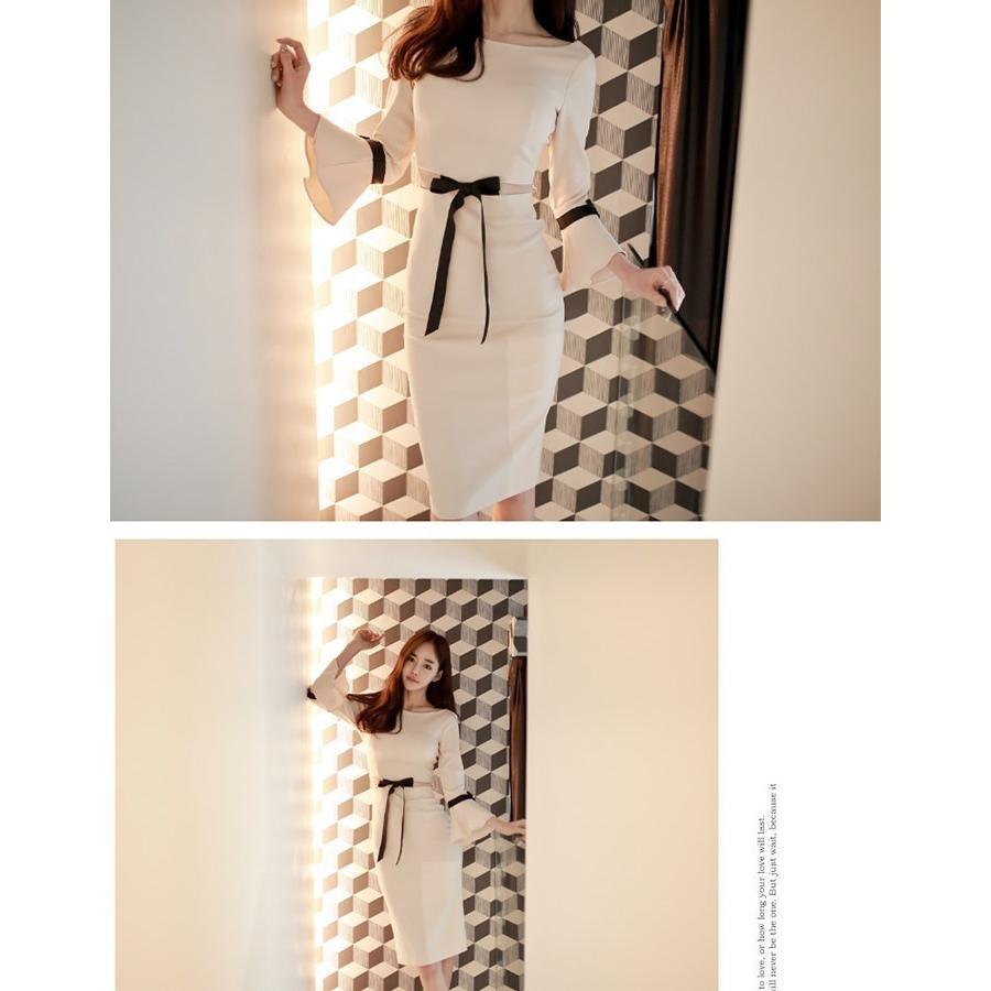 タイト | ワンピース タイトワンピース 結婚式 パーティードレス ミディアム 膝丈 袖あり 二次会 お呼ばれ 上品 演奏会 リボンつき ワンピ オフィス きれいめ