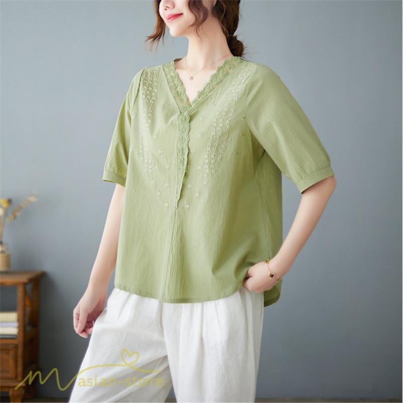 tシャツ・カットソー | Tシャツ ブラウス レディース Vネック カジュアル エレガント 半袖 30代 40代 カットソー 夏新作 おしゃれ 大きいサイズ 体型カバー コットン 麻混 ゆったり