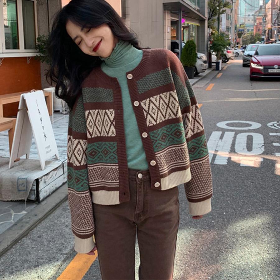 ニット・セーター | 幾何学柄カーディガン配色切替え韓国風