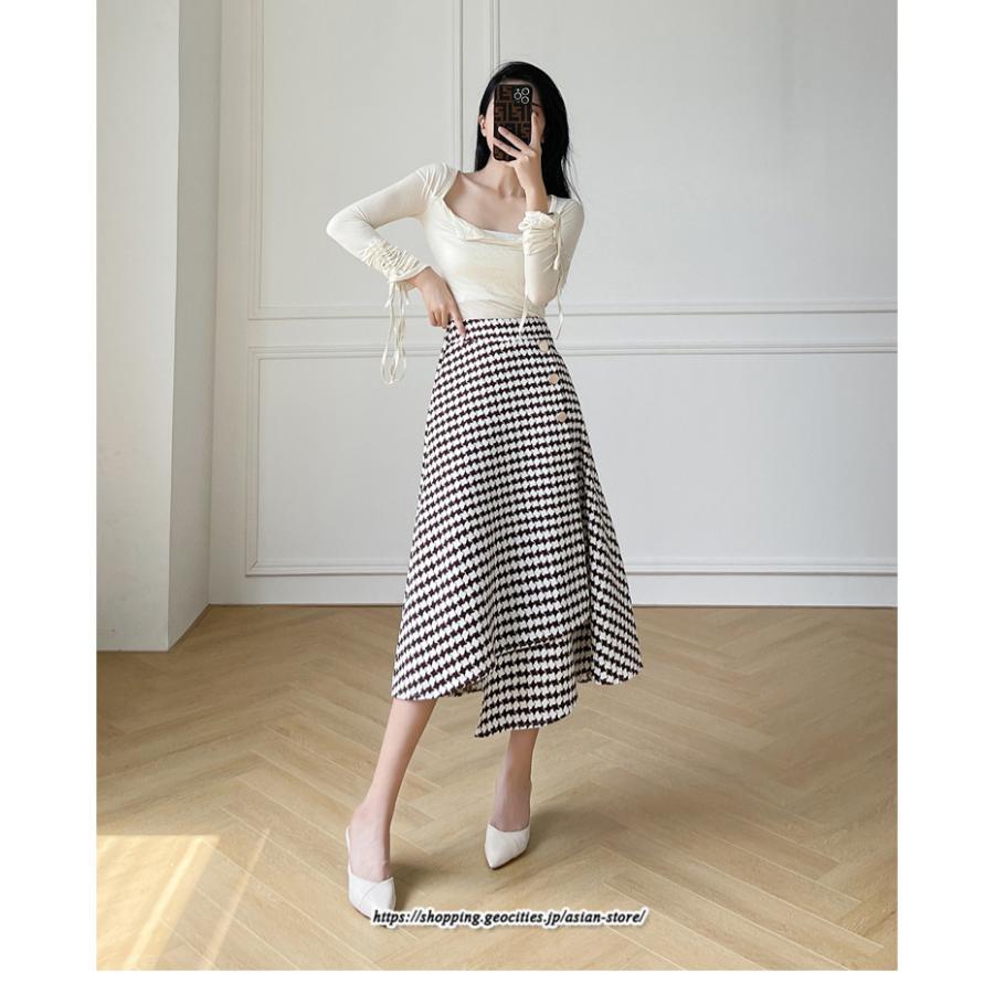 スカート | ロングきれいめ レディース ロング丈 Aライン 20代 30代 40代 50代 秋 冬 千鳥格柄 細見え 可愛い ハイウエスト お出かけ 高見え