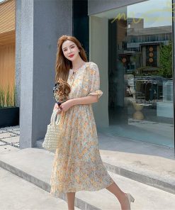 ミディアム | ワンピース プリーツフレア フェミニン Aライン リボンデザイン 小花柄 リゾートワンピ ウエストゴム ハイウエスト 2020新制作 ピンタック 夏コーデ 薄手