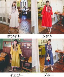 マキシ | ワンピース レディース ロング丈 マキシ丈 長袖 パーティー 白 赤 黄色 青 綿麻 二次会 謝恩会 同窓会 服装 カジュアル 刺繍 40代 夏 30代 20代 秋 50代