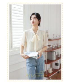 シャツ・ブラウス | ブラウス レディース おしゃれ きれいめ 半袖ブラウス カジュアル 無地 フォーマル オフィス オフホワイト 黒 シフォン OL 蝶結び 通勤 新作 お出かけ ビジネス