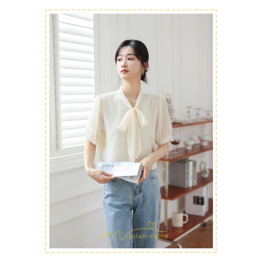 シャツ・ブラウス | ブラウス レディース おしゃれ きれいめ 半袖ブラウス カジュアル 無地 フォーマル オフィス オフホワイト 黒 シフォン OL 蝶結び 通勤 新作 お出かけ ビジネス