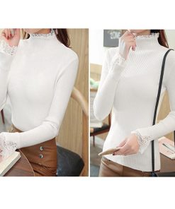 ニット・セーター | スリムフィット ニットウェア リブニット レースフリル襟 ニットソー レディース 長袖 ニットセーター ハイネック トップス