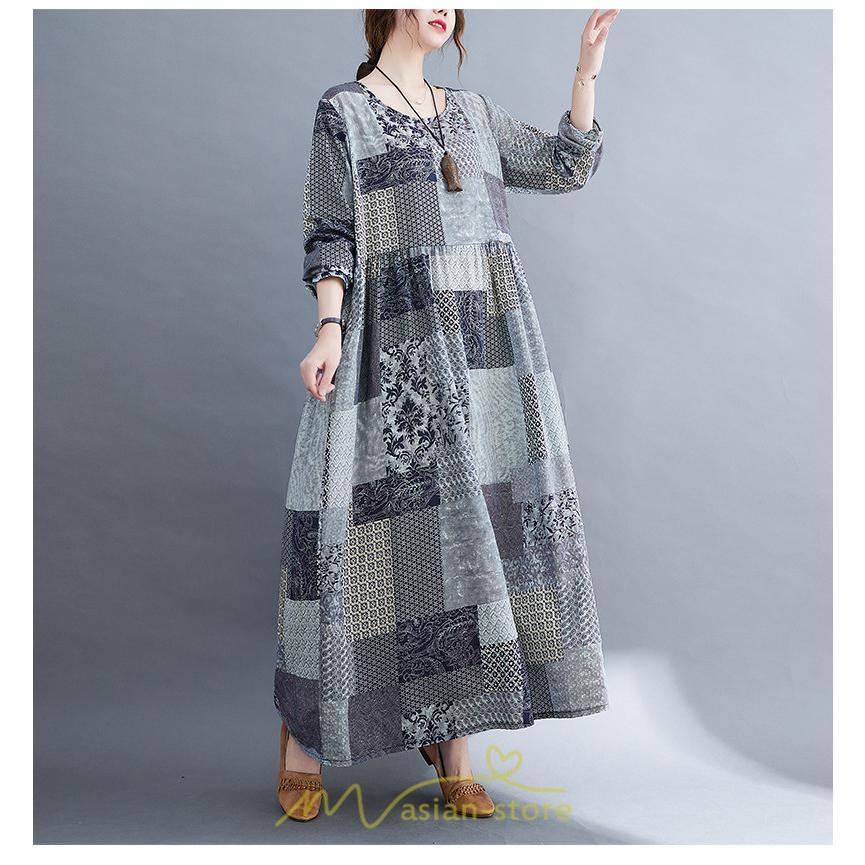 マキシ | 長袖ワンピース 秋物 レディース ロングワンピース チェック 夏 30代40代 大人 秋ワンピース 新作 ワンピース ゆったり 広い裾 Aラインワンピ 可愛い 旅行