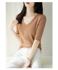 ｔシャツ・カットソー | サマーニット レディース Vネック トップス ニット 半袖 春服 春物 ニットチュニック 無地 きれいめ 春夏 黒 リブ 夏ニット 白 5分袖 涼し気