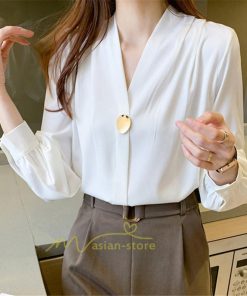 シャツ・ブラウス | ブラウス レディース 長袖ブラウス 春秋 オフィスブラウス 白vネック オシャレブラウス シフォントップス 韓国風 大人 上品 40代 ゆったりシャツ 通勤OL 50代