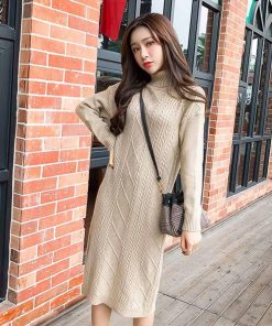 ワンピース | ロング長袖 レディース ケーブルニット タートルネック 厚手 ざっくり ニット