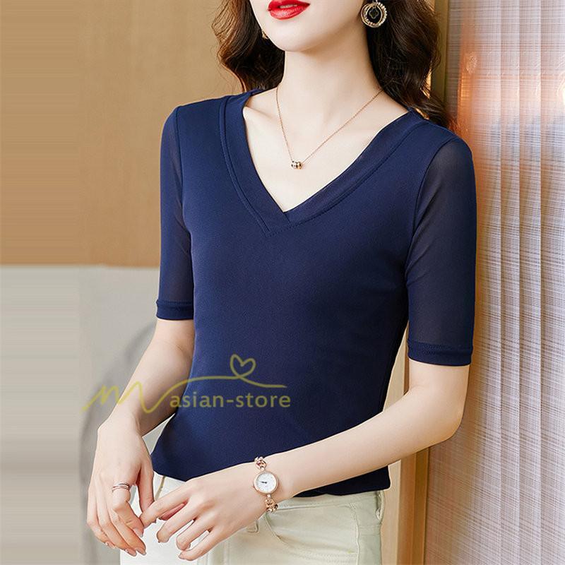 tシャツ・カットソー | Tシャツ レディース カジュアル Vネック おしゃれ 女性用 シンプル 無地 20代30代40代50代 カシュクール インナー フェミニン 上品 お出かけ 着痩せ カジュアル