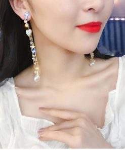 その他アクセサリー | ラインストーン ハートモチーフ パール 大人 ぶらさがり ビジューピアス チェーンピアス ロングピアス 大ぶり レディース