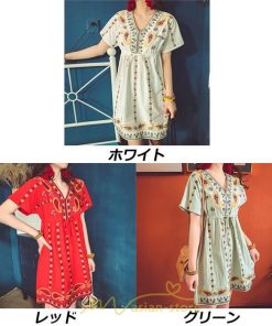 ミニ丈 | ワンピース ミニワンピース 膝上 レディース 夏 綿麻 きれいめ カジュアル 膝丈 Aライン おしゃれ 大人 可愛い セクシー Vネック 緑 赤 半袖 白 新作 上品