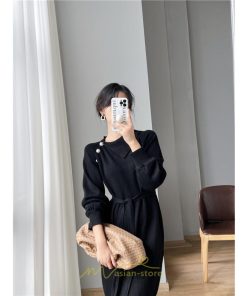 ニットワンピース | シンプル 秋冬 ベーシック 無地 膝丈 ミディアム丈 着痩せ スリット お出かけ 旅行 デート 送料無料 20代30代40代50代 女子会