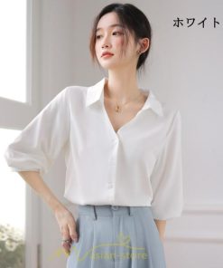 シャツ・ブラウス | レディース シャツ ブラウス オフィス 七分袖 白 ビジネス 事務服 おしゃれ 開襟 制服 リクルート おしゃれ 無地 華奢見え 着痩せ 夏コーデ 上品 お出かけ 日常