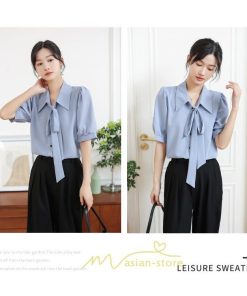 シャツ・ブラウス | シフォンブラウス 半袖 レディース シフォン ブラウス 白 青 フォーマル 開襟 服 バブルスリーブ 蝶結び 着痩せ 春 韓国風 通勤 おしゃれ 女性 上品 夏