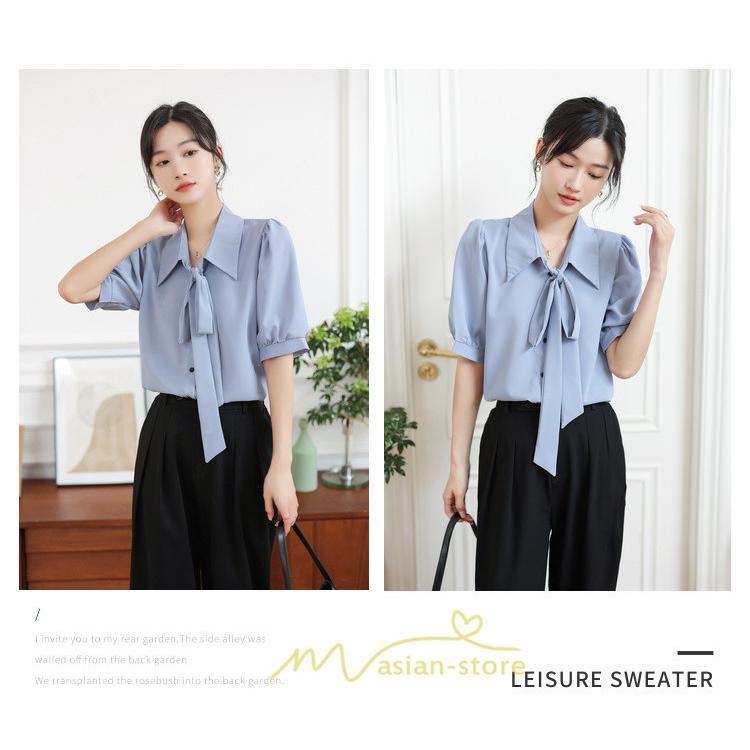 シャツ・ブラウス | シフォンブラウス 半袖 レディース シフォン ブラウス 白 青 フォーマル 開襟 服 バブルスリーブ 蝶結び 着痩せ 春 韓国風 通勤 おしゃれ 女性 上品 夏