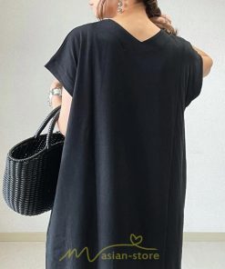 マキシ | 夏ワンピース 半袖ワンピース ロングワンピース 半袖 夏服 レディース 無地 サイドスリット Vネック 大きい ゆったり 白 黒 50代 30代40代 ポケット 可愛い