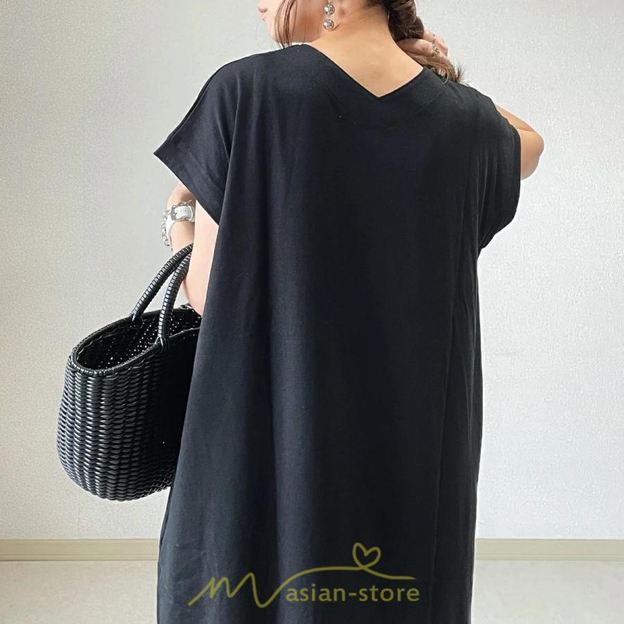 マキシ | 夏ワンピース 半袖ワンピース ロングワンピース 半袖 夏服 レディース 無地 サイドスリット Vネック 大きい ゆったり 白 黒 50代 30代40代 ポケット 可愛い