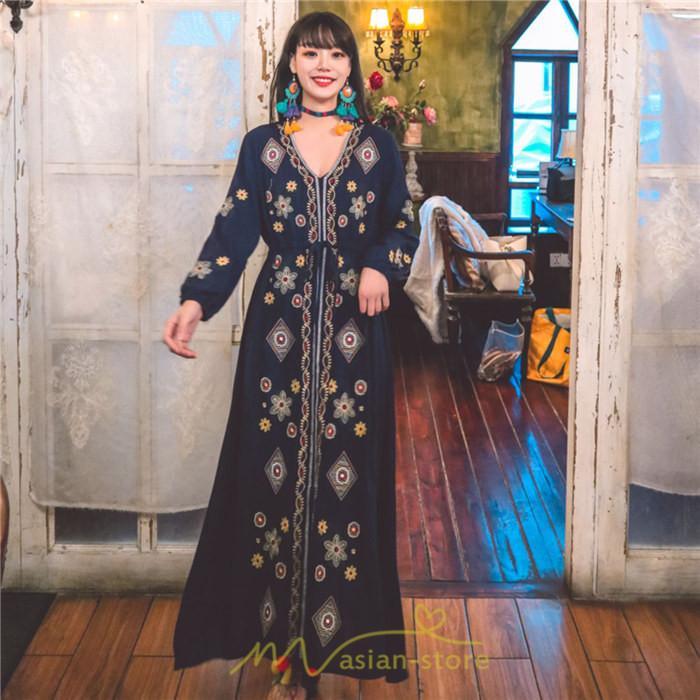 マキシ | ワンピース 長袖 レディース ロング丈 マキシ丈 綿麻 コットン リネン Aライン ゆったり 体型カバー 大人 可愛い 海外旅行 秋 夏 エスニック ナチュラル 春