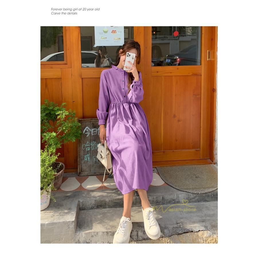 マキシ | ワンピース レディース 秋 冬 長袖 おしゃれ きれいめ フリル 可愛い 無地 ロング丈 ミモレ丈 ゆったり 2021 シンプル 秋新作 ゆったり 上品 カジュアル