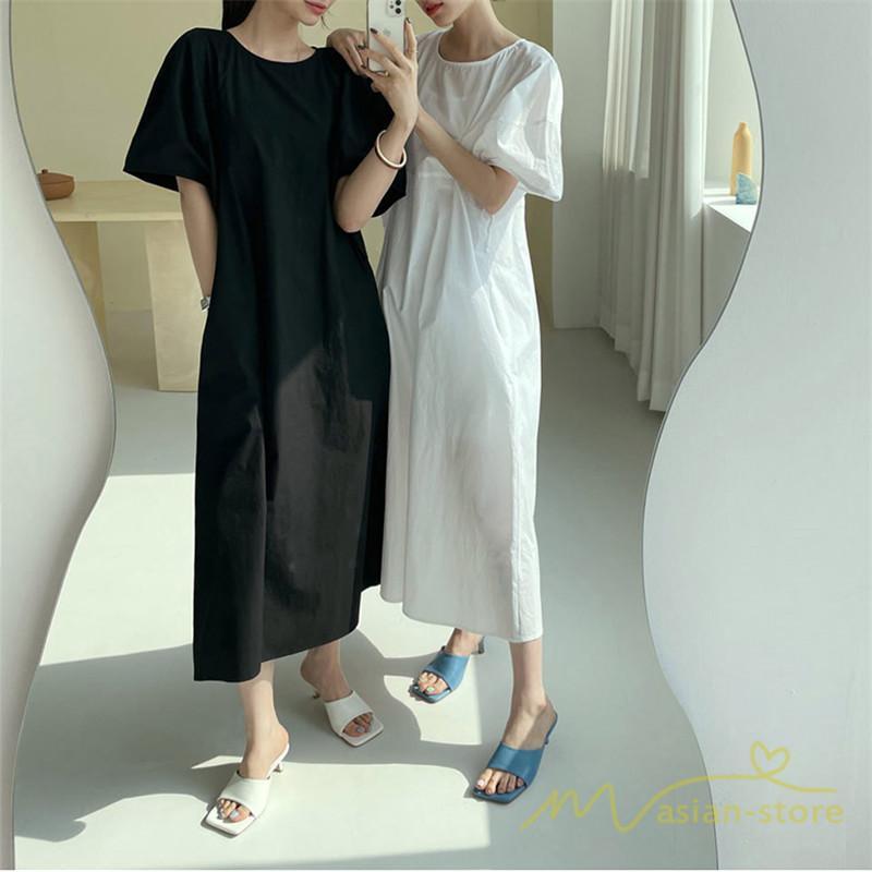 マキシ | ワンピース レディース パフスリーブロングワンピース ハーフスリーブ マキシワンピース ロング丈 半袖 マキシ丈 送料無料 韓国ファッション カジュアル