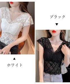 透かし編みトップス | 花柄 総レース トップス Vネック 透け感