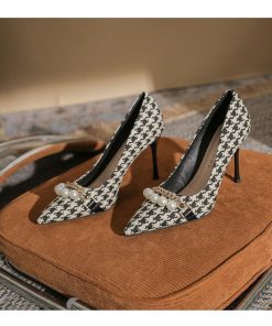 パンプス | ポインテッドトゥ ピンヒール スリップオン レディース ハイヒール グレンチェック ツイード 編みニット エレガント 22cm-24.5cm フェイクパール