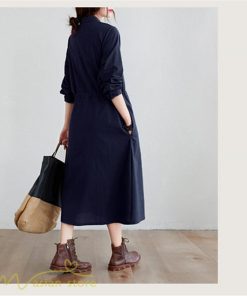 ワンピース | 長袖綿麻Aラインレディース ロングミモレ丈 無地 シャツカワイイ 大人 ワンピ