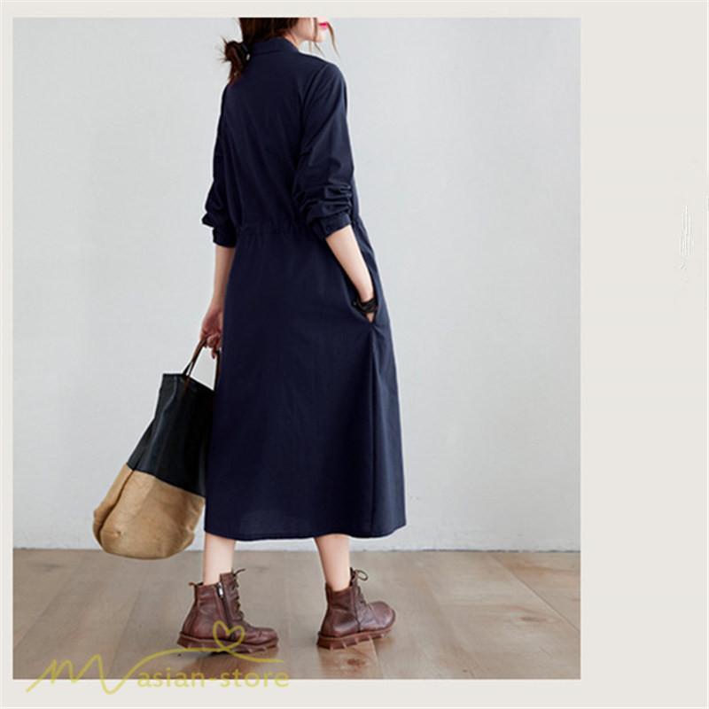ワンピース | 長袖綿麻Aラインレディース ロングミモレ丈 無地 シャツカワイイ 大人 ワンピ