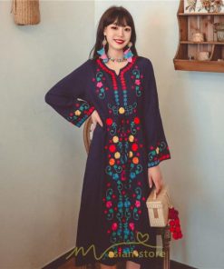 マキシ | ワンピース コットン 長袖ワンピース カジュアル ゆったり ナチュラル シンプル 可愛い 夏 秋 エスニック Vネック 鎖骨 レトロ 黄色 刺繍 白 青 三色展開