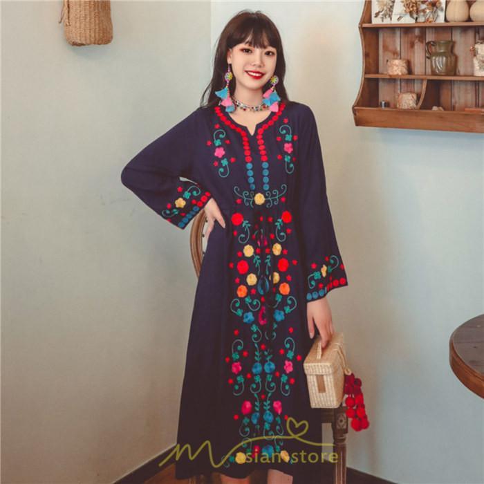 マキシ | ワンピース コットン 長袖ワンピース カジュアル ゆったり ナチュラル シンプル 可愛い 夏 秋 エスニック Vネック 鎖骨 レトロ 黄色 刺繍 白 青 三色展開