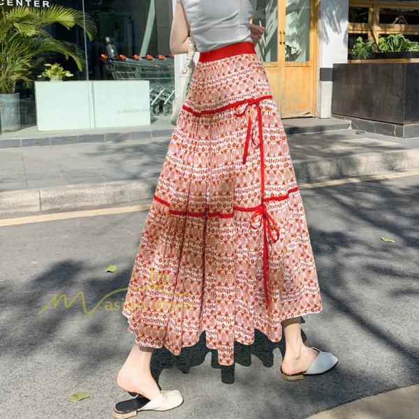 スカート | フレアロングレデイース リネンウエストゴム 綿麻混 マキシマキシ レトロ風 体型カバー リゾート 夏物