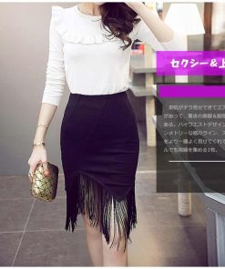 ひざ丈スカート | タイトスカート ミニ 裾 タッセル付きスカート アシンメトリー フリンジ セクシー