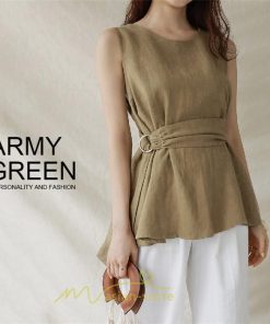 シャツ・ブラウス | ブラウス トップス ノースリーブ レディース tシャツ タンクトップ ベルト付き 広い裾 フレア裾 涼しい 涼感 体型カバー ゆったり 綿麻 夏 おしゃれ 大人 無地