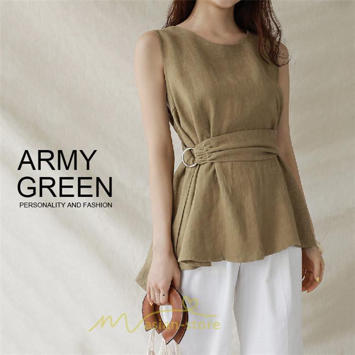 シャツ・ブラウス | ブラウス トップス ノースリーブ レディース tシャツ タンクトップ ベルト付き 広い裾 フレア裾 涼しい 涼感 体型カバー ゆったり 綿麻 夏 おしゃれ 大人 無地