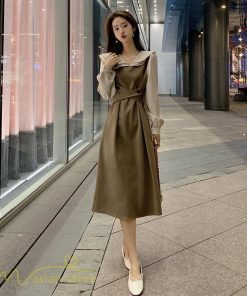 ミディアム | ワンピース 春 秋 ハイウエスト レディース 長袖 Aラインワンピース 通勤 通学 お出かけ 大人 上品 長袖ワンピース 通学 シンプル 通勤 切り替え 無地 大人