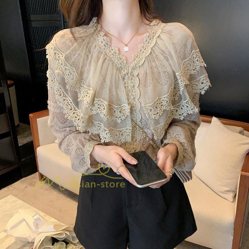 シャツ・ブラウス | ブラウス レディース きれいめ 40代 春秋新作 オシャレブラウス 無地シャツ 長袖トップス レースvネックブラウス 大人 50代 シャツ30代 ゆったり 通勤 夏物