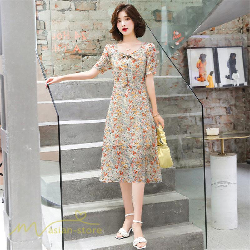 ミディアム | ワンピース Aライン レディース サマーワンピース 花柄 フレア 上品 シフォン 薄手 夏 新作 カジュアル 大人 着痩せ 裾口スリット 上品 おでかえk きれいめ