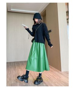 スカート | Pu秋冬 合皮ロングウエストゴム Aラインゆったり 体型カバー ハイウエスト 大人 無地 通学通勤 フレア 広い幅 可愛い