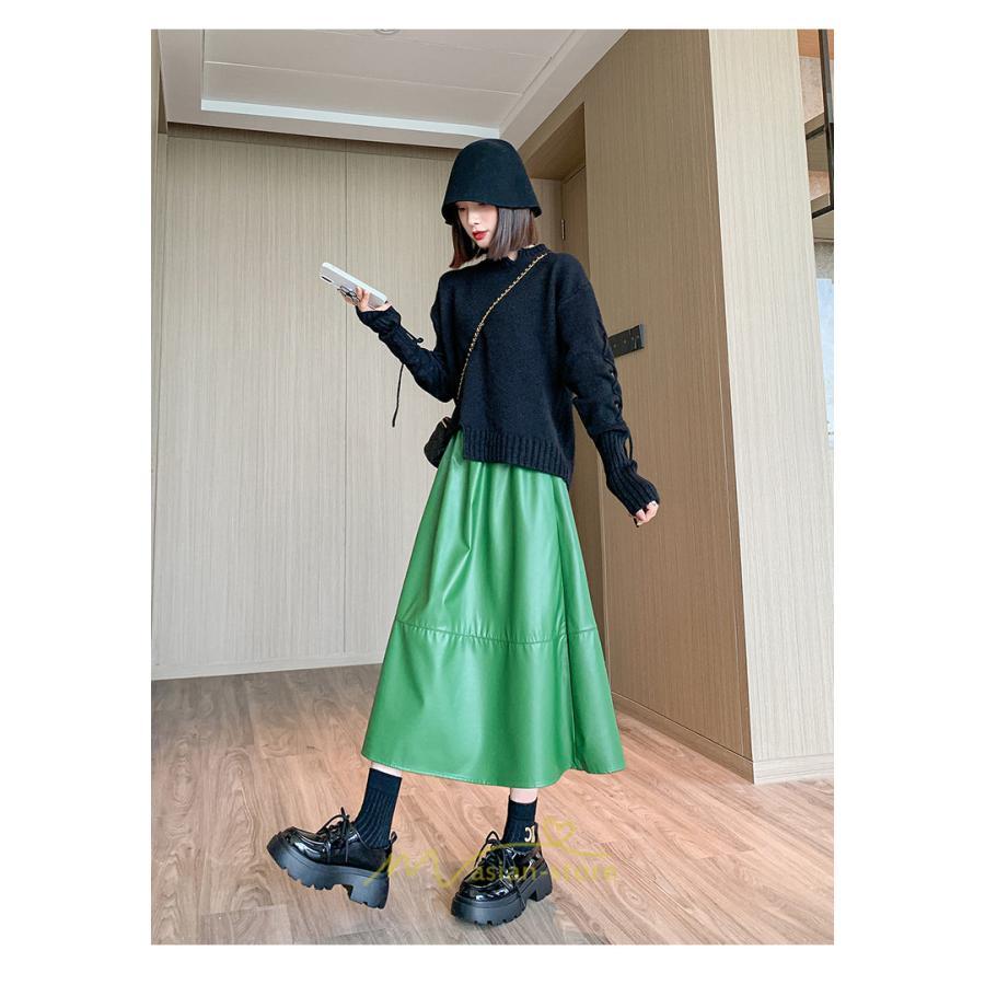 スカート | Pu秋冬 合皮ロングウエストゴム Aラインゆったり 体型カバー ハイウエスト 大人 無地 通学通勤 フレア 広い幅 可愛い