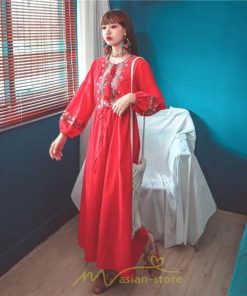 マキシ | ワンピース 長袖 ハイウエスト 綿麻 コットン リネン ロング ロング丈 Aライン ワンピ レディース 着痩せ 体型カバー 丸首 白 黄色 赤 通勤 Vネック 刺繍