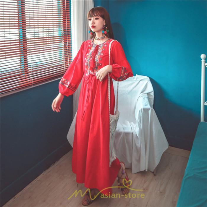 マキシ | ワンピース 長袖 ハイウエスト 綿麻 コットン リネン ロング ロング丈 Aライン ワンピ レディース 着痩せ 体型カバー 丸首 白 黄色 赤 通勤 Vネック 刺繍