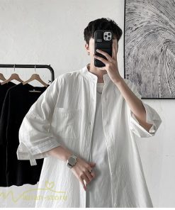 シャツ | メンズ 夏コーデ 2021新作 ライトアウター 5分袖 7分袖 スタンドカラー 麻綿 無地 カッコイイ お出かけ カジュアルトップス 薄手 夏着 アウトドア