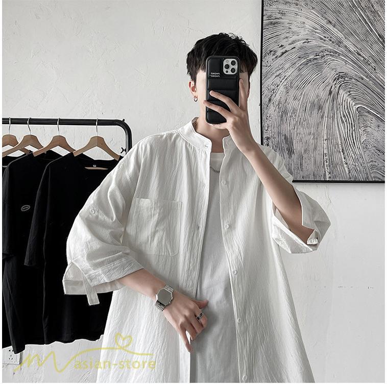 シャツ | メンズ 夏コーデ 2021新作 ライトアウター 5分袖 7分袖 スタンドカラー 麻綿 無地 カッコイイ お出かけ カジュアルトップス 薄手 夏着 アウトドア