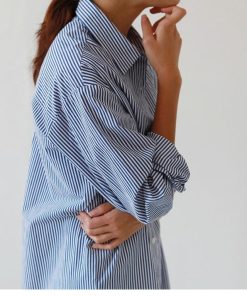 シャツ・ブラウス | 秋服　レディース　秋　ファッション　ロングシャツ ワンピース シャツワンピース ロングワンピース 長袖 20代30代 ゆったり ストライプ 体型カバー